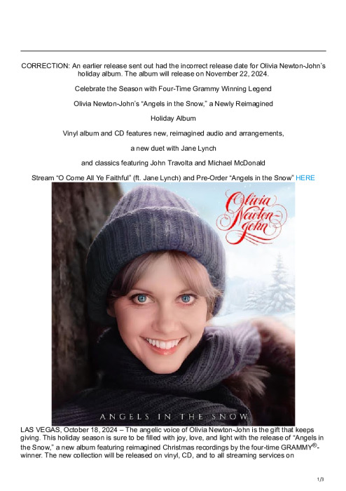 Olivia Newton-John’s “Angels in the Snow,” a Newly Reimagined Holiday Album